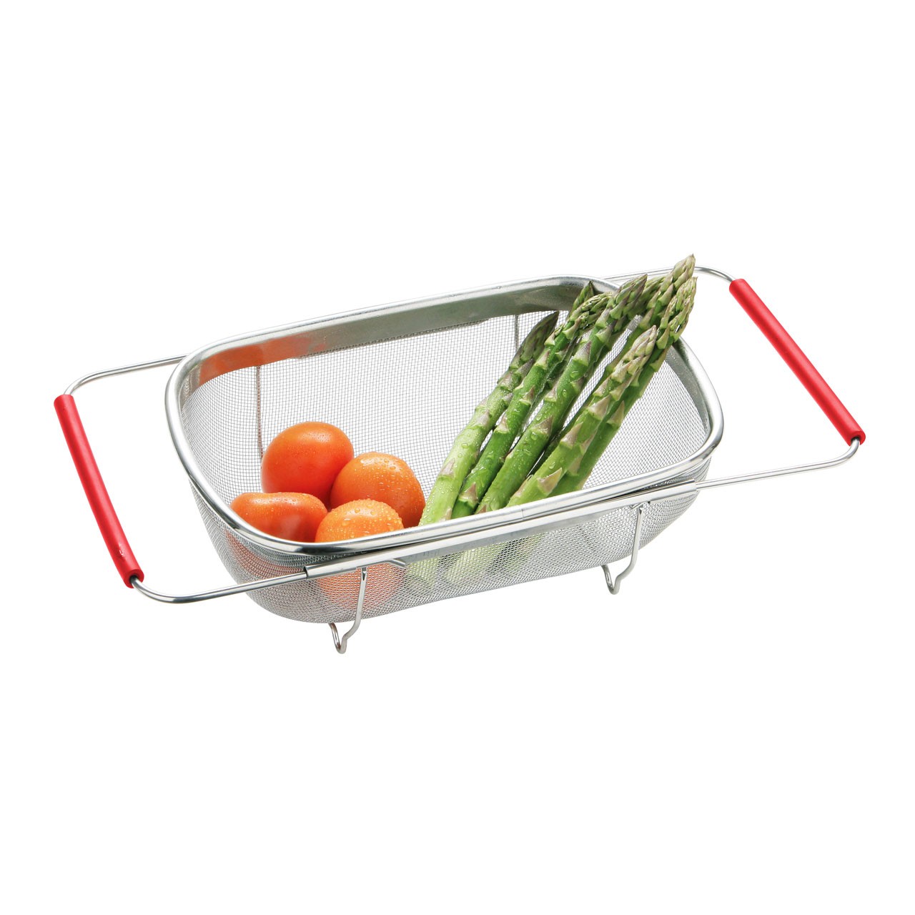 Over Sink Drainer with Red Extendable Handles, Stainless Steel