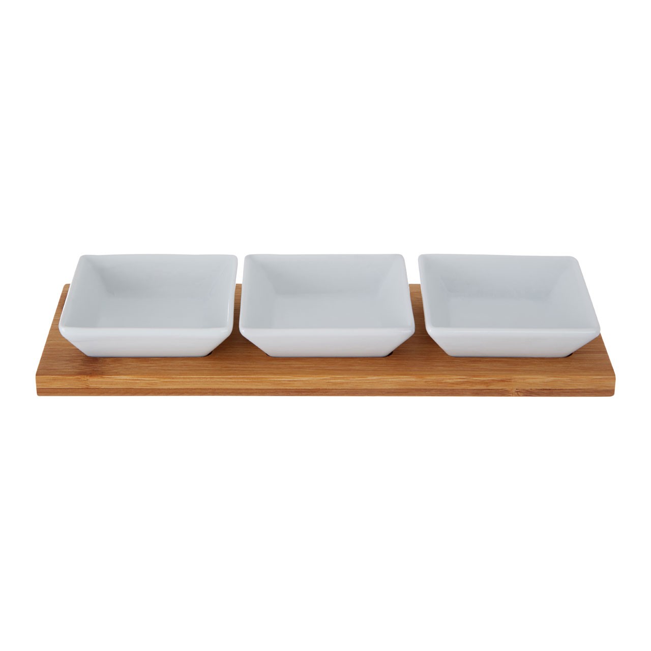 Square Snack Bowls on Bamboo Tray - White, Set of 3