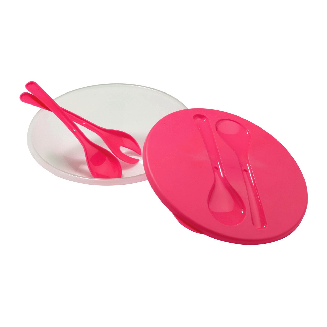 Round Salad Container with Spoon and Fork, Plastic Pink Lid