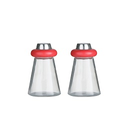 Salt and Pepper Shakers, Red Plastic/Glass/Stainless Steel Top