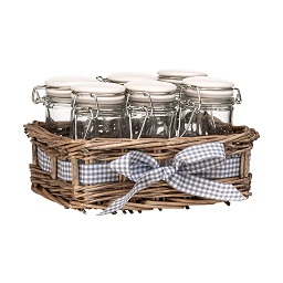 Country Cottage Set Of 6 Spice Storage Jars And Willow Basket