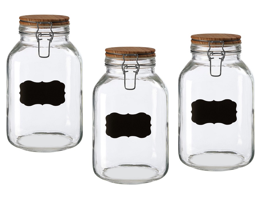 Set of 3 Grocer Large Wooden Lid Storage Jars for Home Kitchen - Click Image to Close