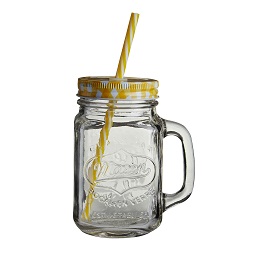 Embossed Mason Jar Mug Square Clear Glass Yellow Gingham Lid - Click Image to Close